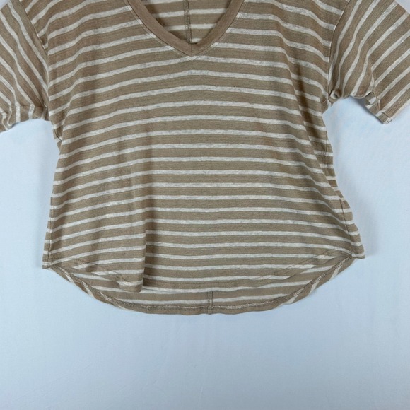 Faherty Womens Tan White Stripe 100% Oceanside Linen V-Neck Short Sleeve Tee XS - Picture 7 of 11